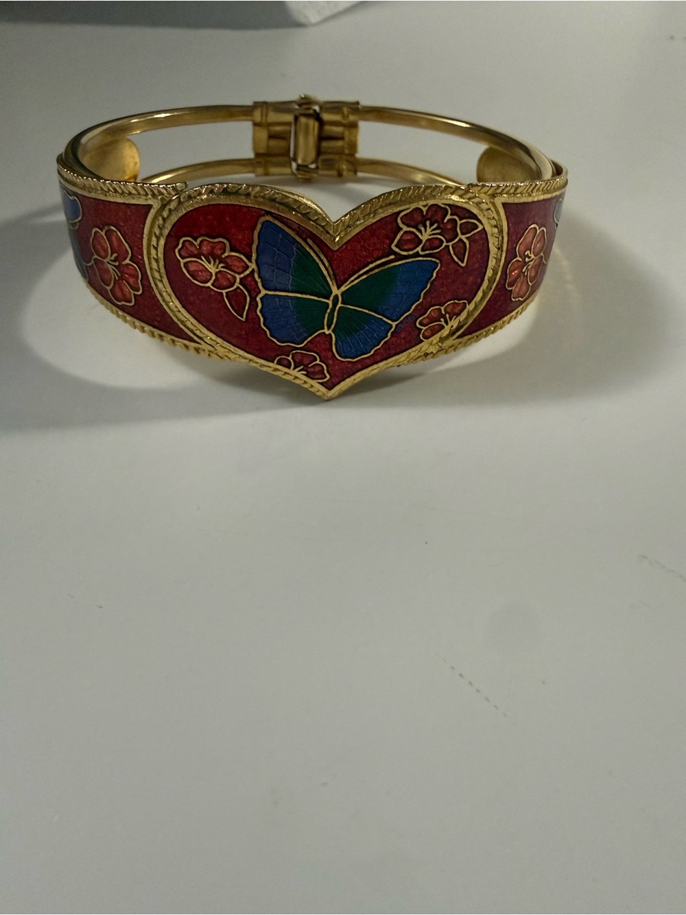 Vintage Cloisonné Enamel Butterfly Floral Hinged Bangle Bracelet